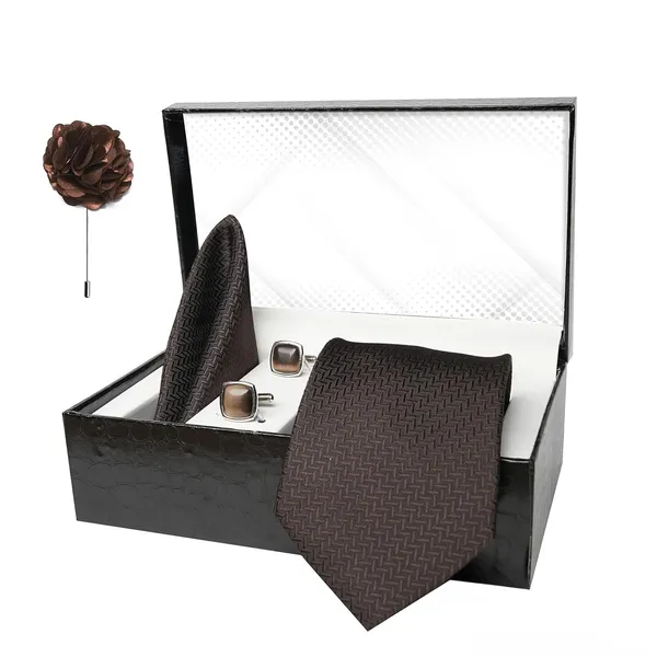 Brown_Mens_Microfiber_Criss_Cross_Pattern_Silk_Necktie_Gift_Set_With_Pocket_Square_Cufflinks_&_Brooch_Pin_Formal_Tie_With_Leatherite_Box|_Leather_Gift_Box