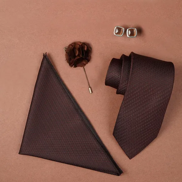 Brown_Mens_Microfiber_Criss_Cross_Pattern_Silk_Necktie_Gift_Set_With_Pocket_Square_Cufflinks_&_Brooch_Pin_Formal_Tie_With_Leatherite_Box|_Leather_Gift_Box