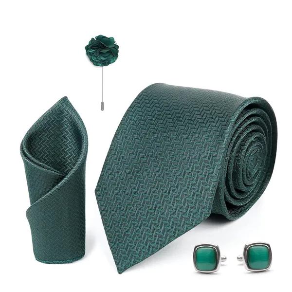 Calixto_Green_Mens_Microfiber_Criss_Cross_Pattern_Necktie_Gift_Set_With_Pocket_Square_Cufflinks_&_Brooch_Pin_Formal_Tie_With_Leatherite_Box|_Leather_Gift_Box