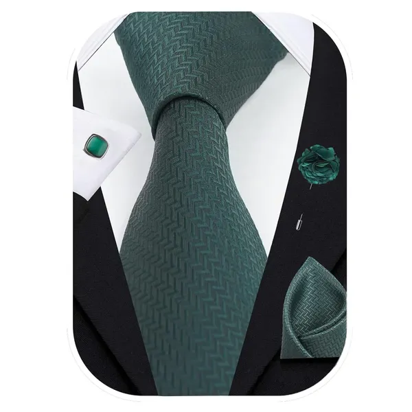 Calixto_Green_Mens_Microfiber_Criss_Cross_Pattern_Necktie_Gift_Set_With_Pocket_Square_Cufflinks_&_Brooch_Pin_Formal_Tie_With_Leatherite_Box|_Leather_Gift_Box