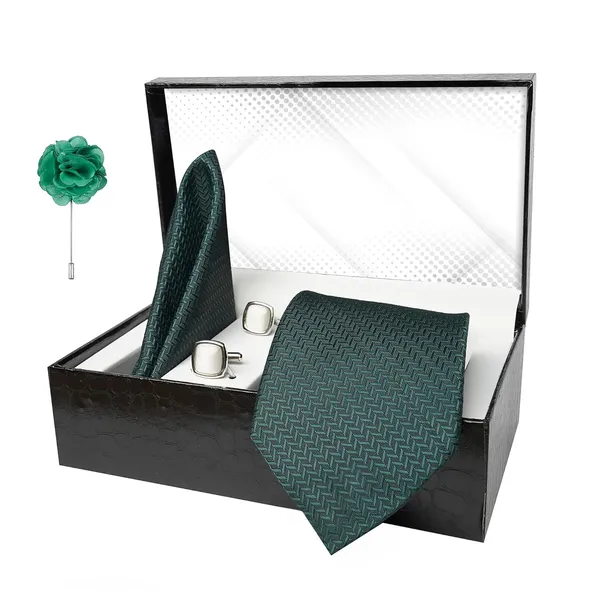 Calixto_Green_Mens_Microfiber_Criss_Cross_Pattern_Necktie_Gift_Set_With_Pocket_Square_Cufflinks_&_Brooch_Pin_Formal_Tie_With_Leatherite_Box|_Leather_Gift_Box
