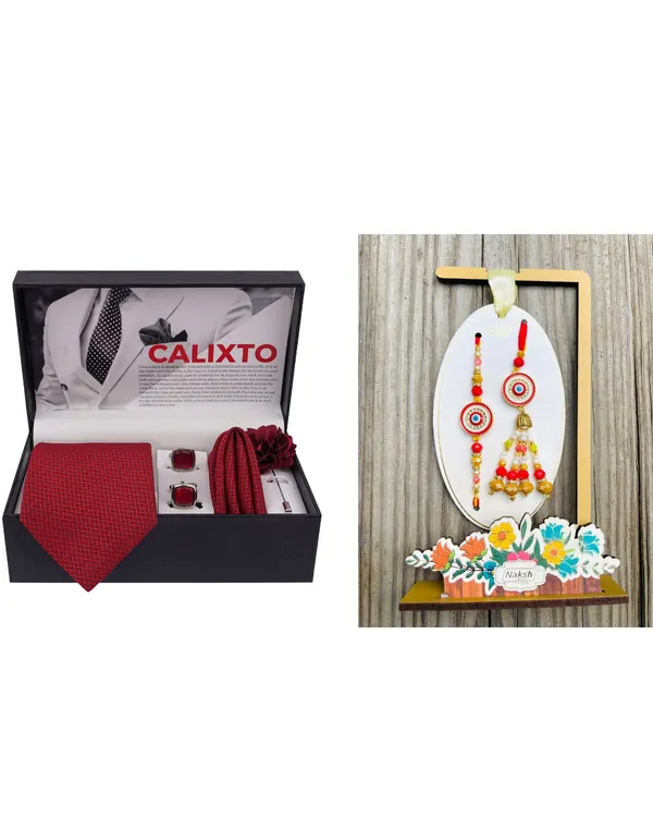 Mens_Microfiber_Necktie_Gift_Set_with_Designer_Naksh_Rakhi_Criss_Cross_Black_Tie,_Pocket_Square,_Cufflinks,_Brooch_&_Leather_Box