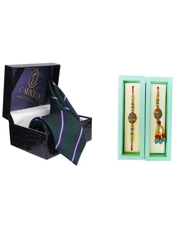 Calixto_Men's_Microfibre_Strips_Designer_Necktie_With_Pocket_Square_(Leatharite_Gift_Box)_with_Designer_Naksh_Rakhi