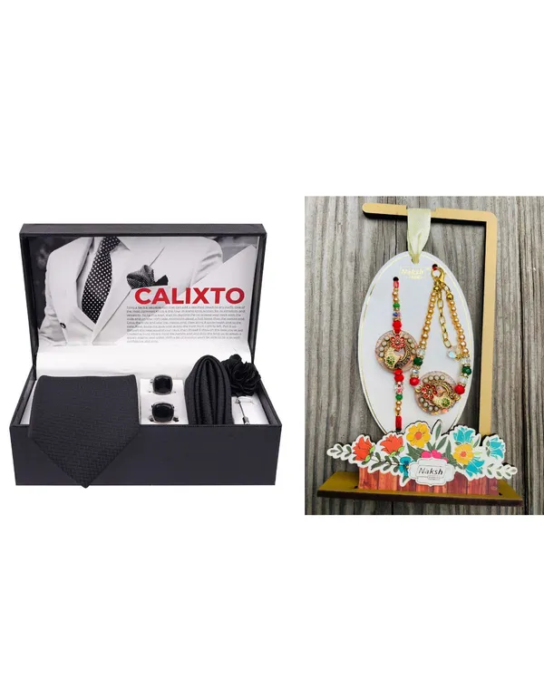 Mens_Microfiber_Necktie_Gift_Set_with_Designer_Naksh_Rakhi_Criss_Cross_Black_Tie,_Pocket_Square,_Cufflinks,_Brooch_&_Leather_Box