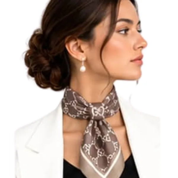 Unisex_Silk-Feel_Satin_Scarf_&_Ascot_for_Men_and_Women_–_Elegant_Brown_&_Cream_Interlocking_Chain_Print_Neckerchief,_Vintage_Cravat_Tie,_Multi-Purpose_Headband,_Hair_Wrap,_and_Fashion_Neck_Scarf