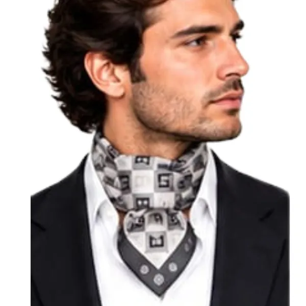 Unisex_Silk-Feel_Satin_Scarf_&_Ascot_for_Men_and_Women_–_Elegant_Silver-Grey_&_Charcoal_Checkerboard_Monogram_Print_Neckerchief,_Vintage_Cravat_Tie,_Multi-Purpose_Headband,_Hair_Wrap,_and_Fashion_Neck_Scarf