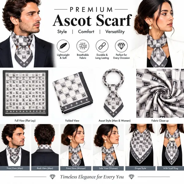 Unisex_Silk-Feel_Satin_Scarf_&_Ascot_for_Men_and_Women_–_Elegant_Silver-Grey_&_Charcoal_Checkerboard_Monogram_Print_Neckerchief,_Vintage_Cravat_Tie,_Multi-Purpose_Headband,_Hair_Wrap,_and_Fashion_Neck_Scarf