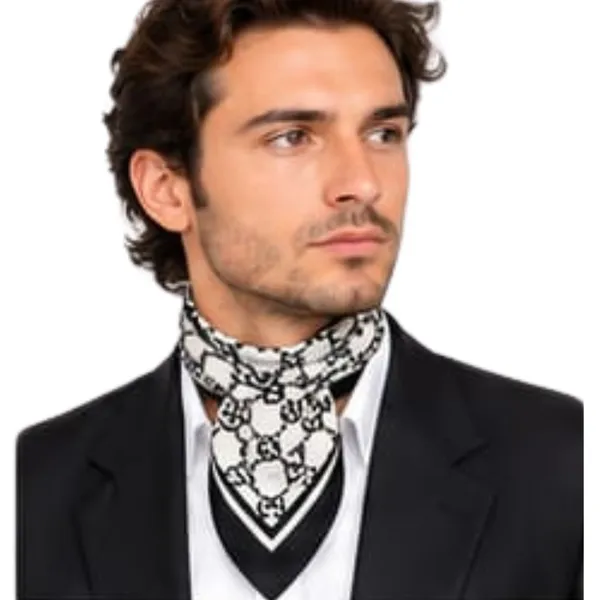 Unisex_Silk-Feel_Satin_Scarf_&_Ascot_for_Men_and_Women_–_Elegant_White_&_Black_Interlocking_Chain_Print_Neckerchief,_Vintage_Cravat_Tie,_Multi-Purpose_Headband,_Hair_Wrap,_and_Fashion_Neck_Scarf