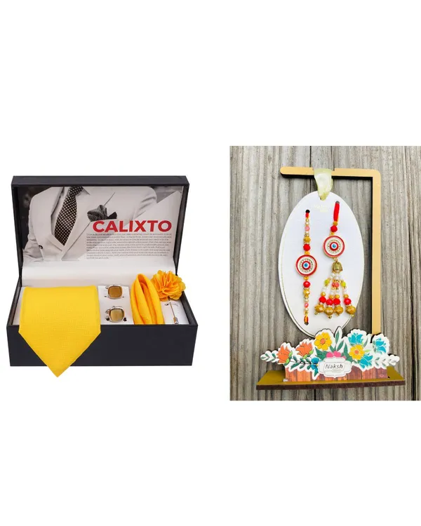 Mens_Microfiber_Necktie_Gift_Set_with_Designer_Naksh_Rakhi_Criss_Cross_Black_Tie,_Pocket_Square,_Cufflinks,_Brooch_&_Leather_Box