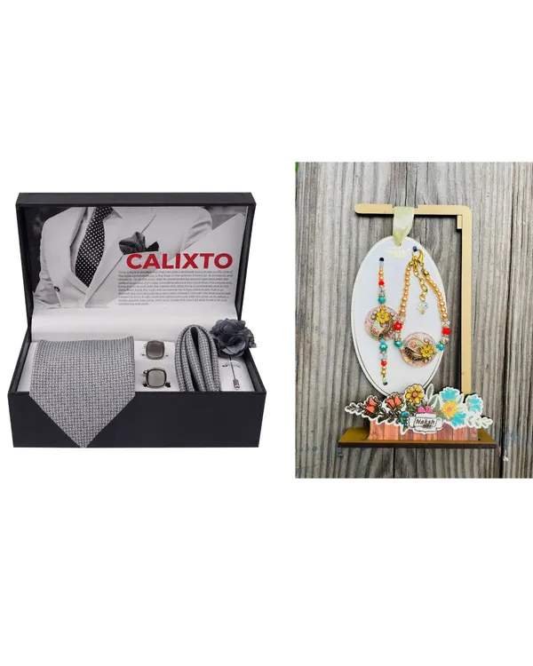 Mens_Microfiber_Necktie_Gift_Set_with_Designer_Naksh_Rakhi_Criss_Cross_Black_Tie,_Pocket_Square,_Cufflinks,_Brooch_&_Leather_Box