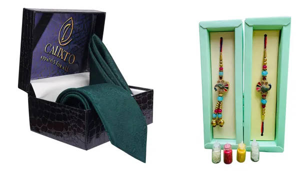 Calixto_Men's_Microfibre_Strips_Designer_Necktie_With_Pocket_Square_(Leatharite_Gift_Box)_with_Designer_Naksh_Rakhi
