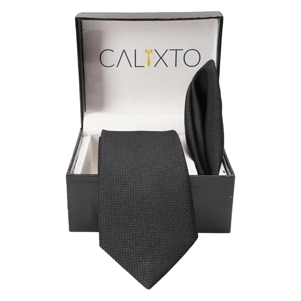 Black_Mens_Micro_Silk_Smooth_Fabric_Criss_Cross_Design_Neck_Tie_&_Pocket_Square_With_Leatherite_Git_Box