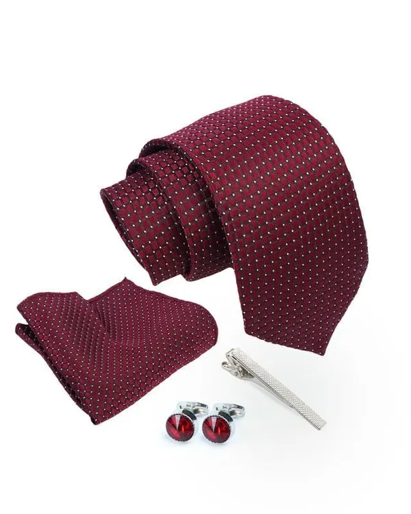 Pack_Of_4_Marron_Mens_Plaid_Dotted_Silk_Necktie_Gift_Set_With_Pocket_Square_Cufflinks_&_Brooch_Pin_Tie_For_Men_Formal_With_Leatherite_Box_|_Leather_Gift_Box