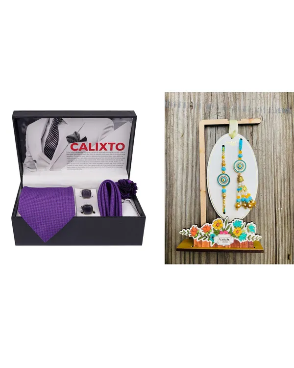 Mens_Microfiber_Necktie_Gift_Set_with_Designer_Naksh_Rakhi_Criss_Cross_Black_Tie,_Pocket_Square,_Cufflinks,_Brooch_&_Leather_Box