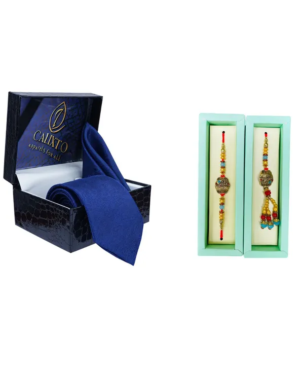 Calixto_Men's_Microfibre_Strips_Designer_Necktie_With_Pocket_Square_(Leatharite_Gift_Box)_with_Designer_Naksh_Rakhi