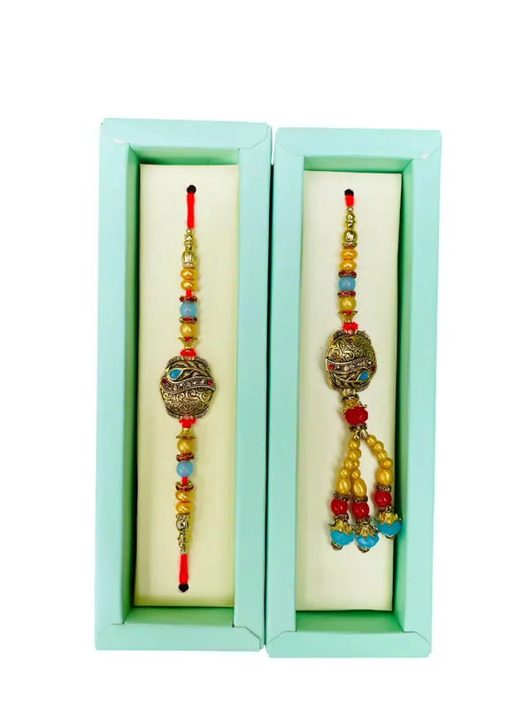 Calixto_Men's_Microfibre_Strips_Designer_Necktie_With_Pocket_Square_(Leatharite_Gift_Box)_with_Designer_Naksh_Rakhi