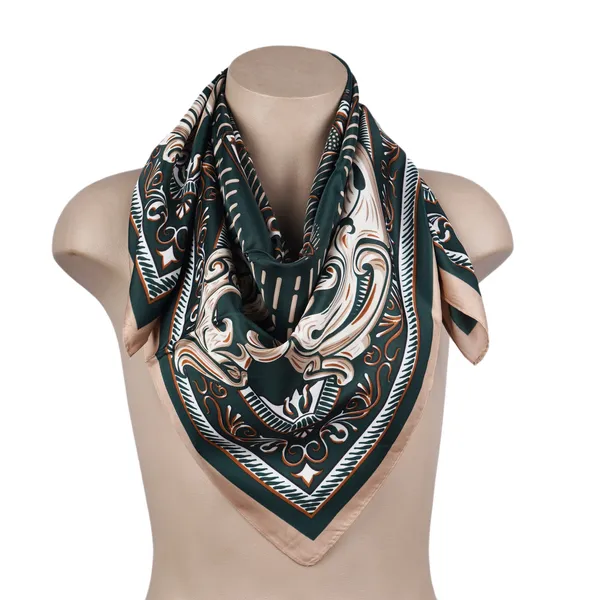 Calixto_Elegant_Square_Silk_Scarf_for_Women_–_Satin_Headscarf,_Neck_Wrap,_Handbag_Accessory_–_Baroque_Pattern_in_Green_&_Beige