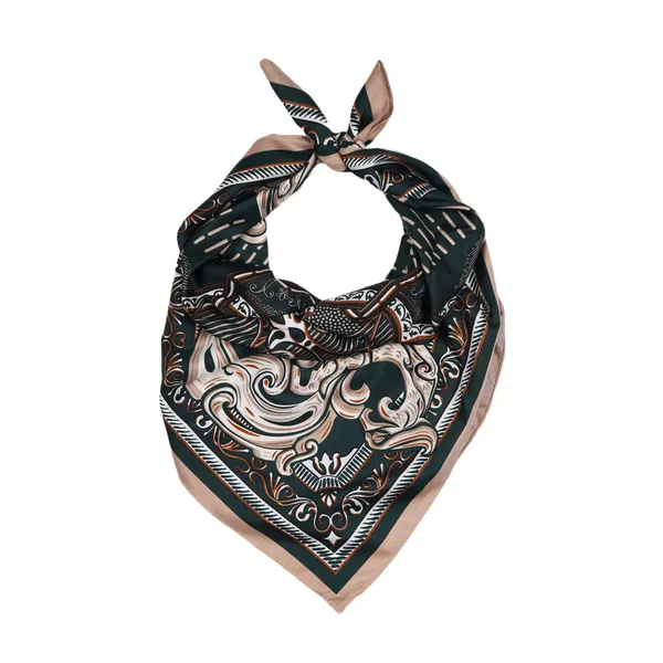 Calixto_Elegant_Square_Silk_Scarf_for_Women_–_Satin_Headscarf,_Neck_Wrap,_Handbag_Accessory_–_Baroque_Pattern_in_Green_&_Beige
