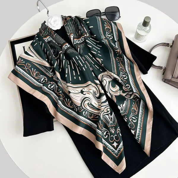 Calixto_Elegant_Square_Silk_Scarf_for_Women_–_Satin_Headscarf,_Neck_Wrap,_Handbag_Accessory_–_Baroque_Pattern_in_Green_&_Beige