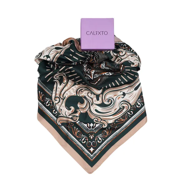 Calixto_Elegant_Square_Silk_Scarf_for_Women_–_Satin_Headscarf,_Neck_Wrap,_Handbag_Accessory_–_Baroque_Pattern_in_Green_&_Beige