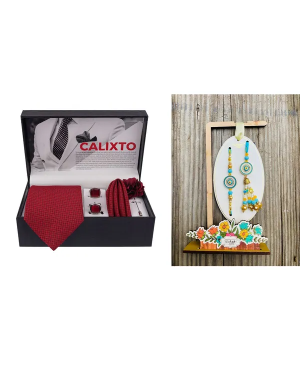 Mens_Microfiber_Necktie_Gift_Set_with_Designer_Naksh_Rakhi_Criss_Cross_Black_Tie,_Pocket_Square,_Cufflinks,_Brooch_&_Leather_Box