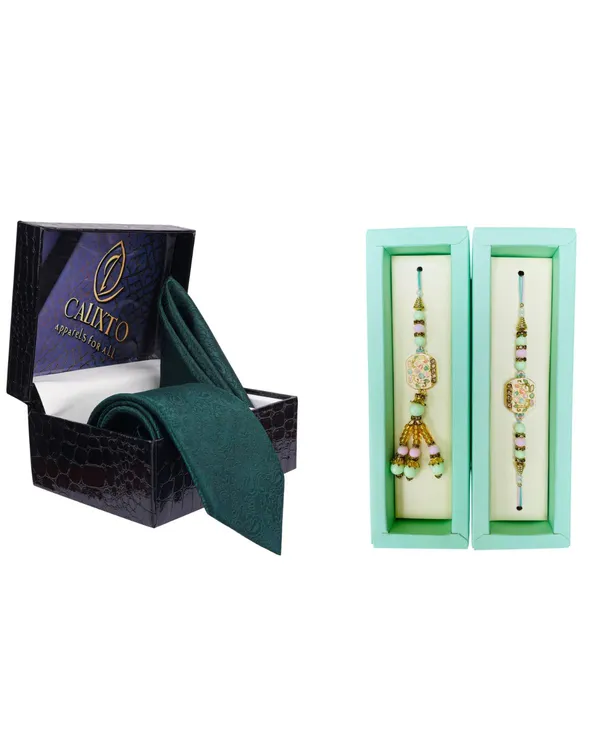 Calixto_Men's_Microfibre_Strips_Designer_Necktie_With_Pocket_Square_(Leatharite_Gift_Box)_with_Designer_Naksh_Rakhi