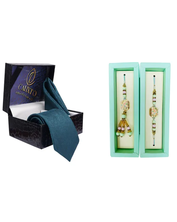 Calixto_Men's_Microfibre_Strips_Designer_Necktie_With_Pocket_Square_(Leatharite_Gift_Box)_with_Designer_Naksh_Rakhi