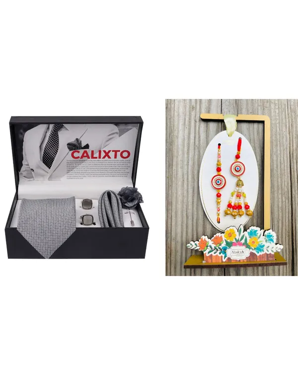 Mens_Microfiber_Necktie_Gift_Set_with_Designer_Naksh_Rakhi_Criss_Cross_Black_Tie,_Pocket_Square,_Cufflinks,_Brooch_&_Leather_Box