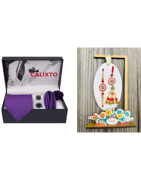 Mens_Microfiber_Necktie_Gift_Set_with_Designer_Naksh_Rakhi_Criss_Cross_Black_Tie,_Pocket_Square,_Cufflinks,_Brooch_&_Leather_Box