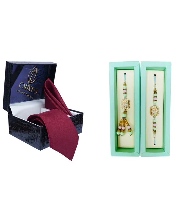Calixto_Men's_Microfibre_Strips_Designer_Necktie_With_Pocket_Square_(Leatharite_Gift_Box)_with_Designer_Naksh_Rakhi