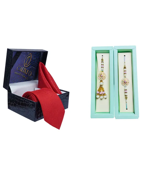 Calixto_Men's_Microfibre_Strips_Designer_Necktie_With_Pocket_Square_(Leatharite_Gift_Box)_with_Designer_Naksh_Rakhi