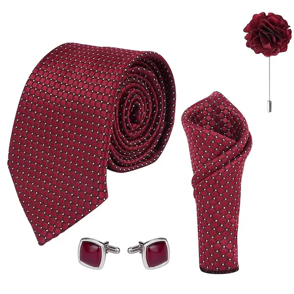Pack_Of_4_Marron_Mens_Plaid_Dotted_Silk_Necktie_Gift_Set_With_Pocket_Square_Cufflinks_&_Brooch_Pin_Tie_For_Men_Formal_With_Leatherite_Box_|_Leather_Gift_Box