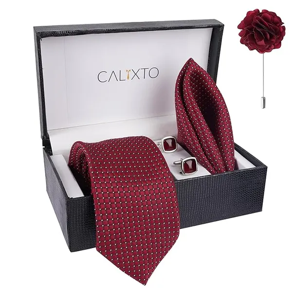 Pack_Of_4_Marron_Mens_Plaid_Dotted_Silk_Necktie_Gift_Set_With_Pocket_Square_Cufflinks_&_Brooch_Pin_Tie_For_Men_Formal_With_Leatherite_Box_|_Leather_Gift_Box