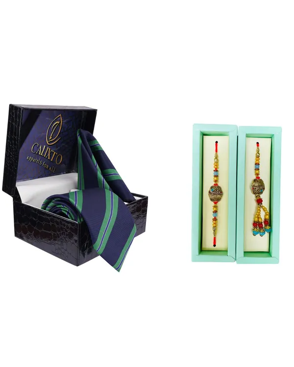 Calixto_Men's_Microfibre_Strips_Designer_Necktie_With_Pocket_Square_(Leatharite_Gift_Box)_with_Designer_Naksh_Rakhi