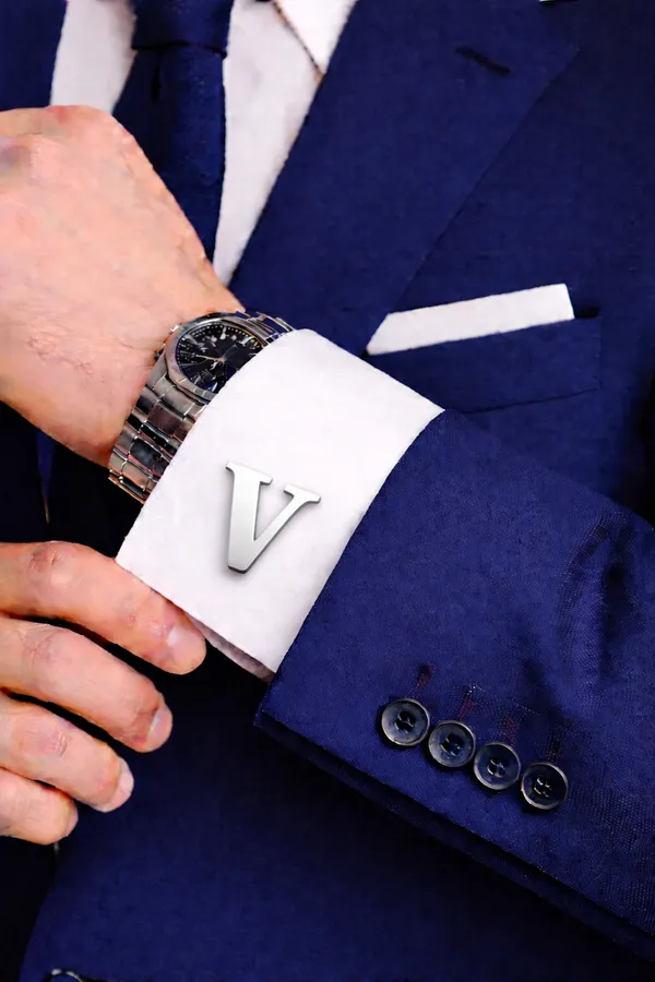 V_Alphabet_Silver_Cufflinks_for_Men_|_Initial_Letter_�V�_Personalized_Luxury_Cuff_Links_|_Premium_Polished_Metal_Shirt,_Coat_&_Blazer_Cufflinks_|_Wedding,_Office_|_Stylish_Gift_for_Men_|_Set_of_2