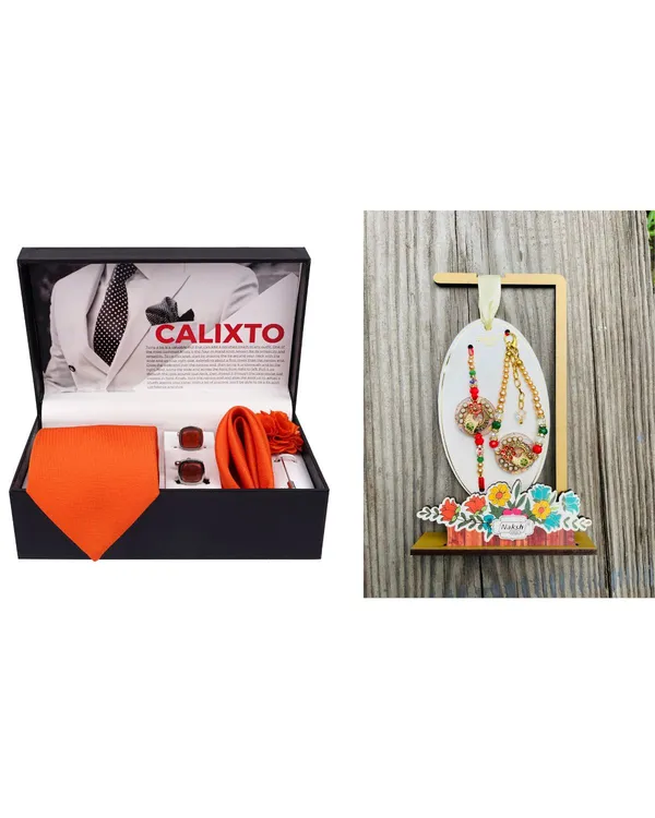 Mens_Microfiber_Necktie_Gift_Set_with_Designer_Naksh_Rakhi_Criss_Cross_Black_Tie,_Pocket_Square,_Cufflinks,_Brooch_&_Leather_Box