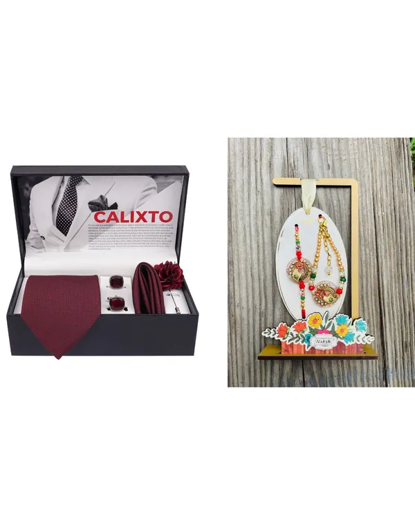 Mens_Microfiber_Necktie_Gift_Set_with_Designer_Naksh_Rakhi_Criss_Cross_Black_Tie,_Pocket_Square,_Cufflinks,_Brooch_&_Leather_Box