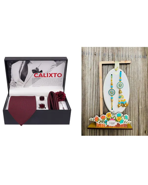 Mens_Microfiber_Necktie_Gift_Set_with_Designer_Naksh_Rakhi_Criss_Cross_Black_Tie,_Pocket_Square,_Cufflinks,_Brooch_&_Leather_Box