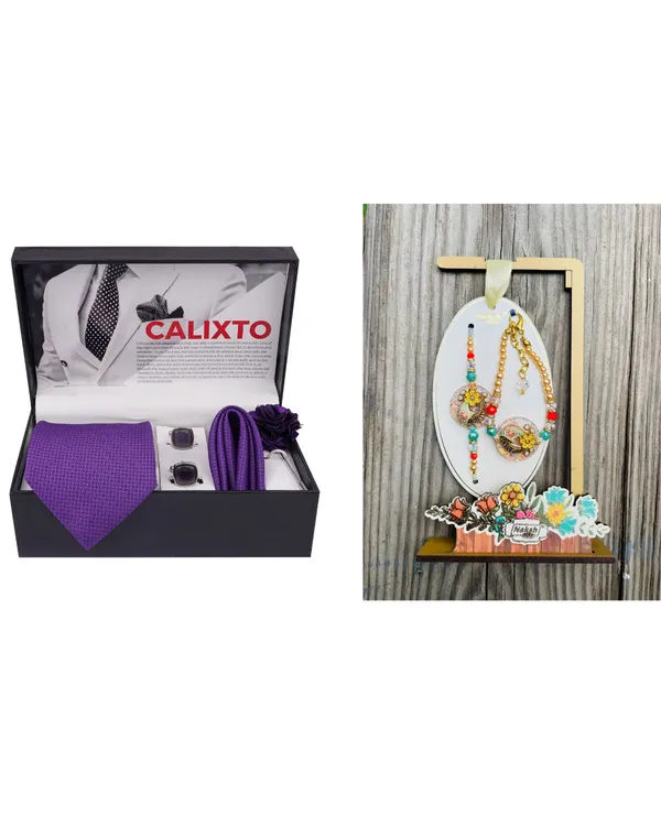 Mens_Microfiber_Necktie_Gift_Set_with_Designer_Naksh_Rakhi_Criss_Cross_Black_Tie,_Pocket_Square,_Cufflinks,_Brooch_&_Leather_Box