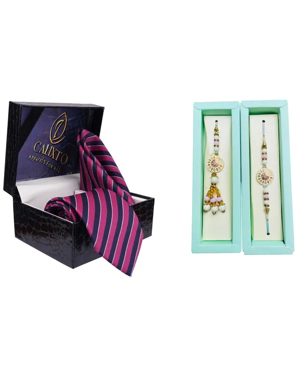 Calixto_Men's_Microfibre_Strips_Designer_Necktie_With_Pocket_Square_(Leatharite_Gift_Box)_with_Designer_Naksh_Rakhi