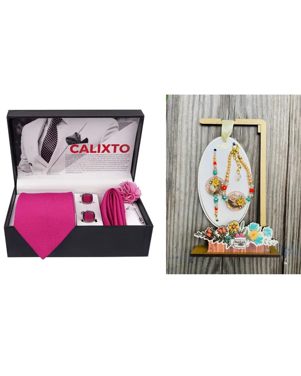 Mens_Microfiber_Necktie_Gift_Set_with_Designer_Naksh_Rakhi_Criss_Cross_Black_Tie,_Pocket_Square,_Cufflinks,_Brooch_&_Leather_Box