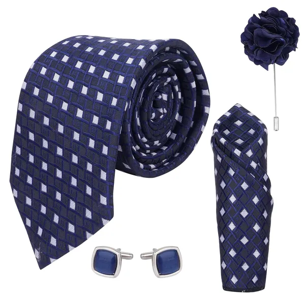 White_&_Blue_Micro_Self_Silk_Necktie_With_Pocket_Square,_Cufflinks_&_Brooch_Pin_Leather_Gift_Box_(Set_of_4)