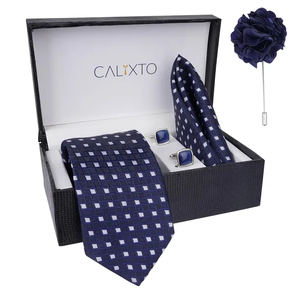 White_&_Blue_Micro_Self_Silk_Necktie_With_Pocket_Square,_Cufflinks_&_Brooch_Pin_Leather_Gift_Box_(Set_of_4)