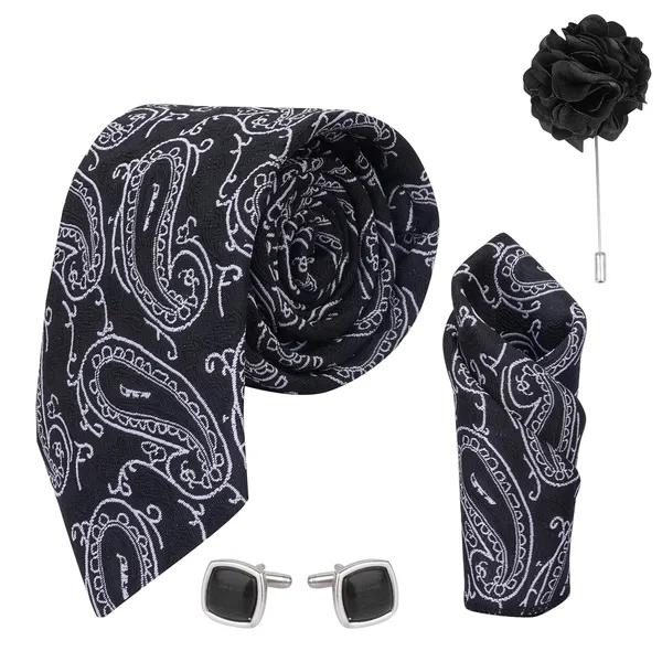 Black_&_White_Micro_Self_Silk_Necktie_With_Pocket_Square,_Cufflinks_&_Brooch_Pin_Leather_Gift_Box_(Set_of_4)