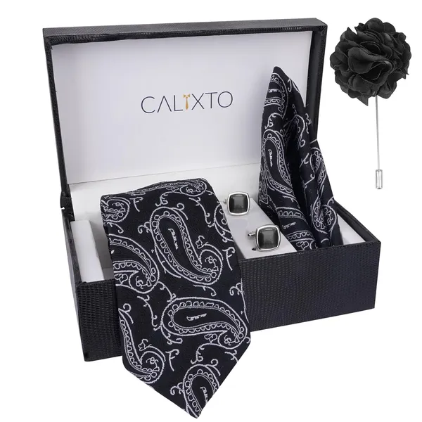 Black_&_White_Micro_Self_Silk_Necktie_With_Pocket_Square,_Cufflinks_&_Brooch_Pin_Leather_Gift_Box_(Set_of_4)