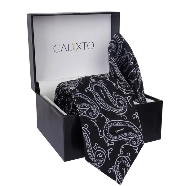 Black_&_White_Micro_Self_Silk_Necktie_With_Pocket_Square,_Cufflinks_&_Brooch_Pin_Leather_Gift_Box_(Set_of_4)