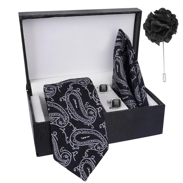 Black_&_White_Micro_Self_Silk_Necktie_With_Pocket_Square,_Cufflinks_&_Brooch_Pin_Leather_Gift_Box_(Set_of_4)