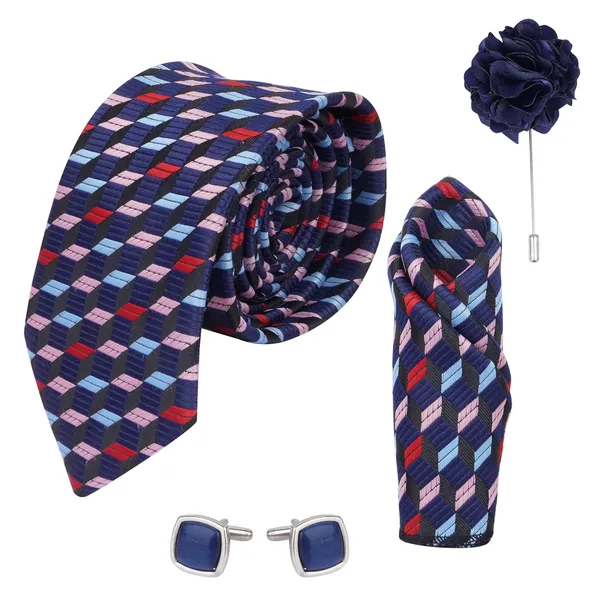 Blue_&_Black_Men_Plaid_Micro_Self_Silk_Necktie_Gift_Set_With_Pocket_Square_Cufflinks_&_Brooch_Pin_Formal_Tie_With_Leatherite_Box_(Sidirx_Free_Size)_|_Leather_Gift_Box