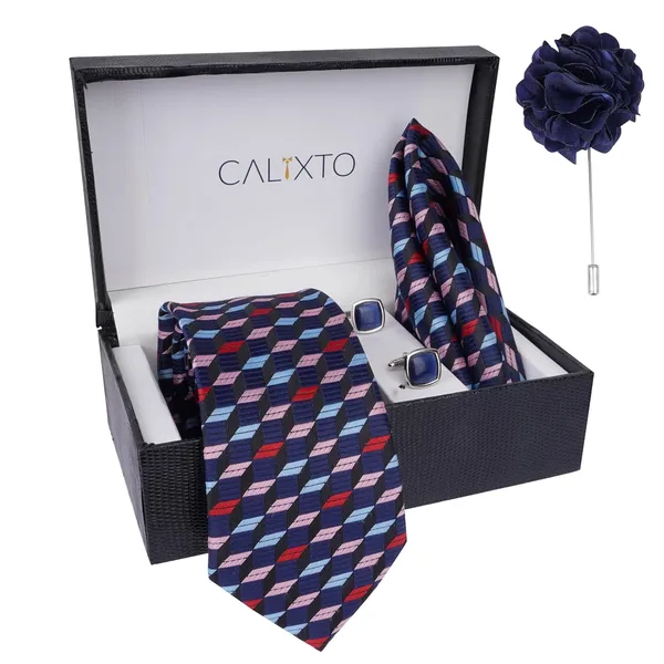 Blue_&_Black_Men_Plaid_Micro_Self_Silk_Necktie_Gift_Set_With_Pocket_Square_Cufflinks_&_Brooch_Pin_Formal_Tie_With_Leatherite_Box_(Sidirx_Free_Size)_|_Leather_Gift_Box