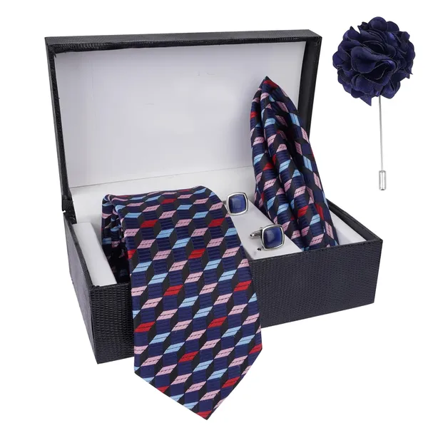 Blue_&_Black_Men_Plaid_Micro_Self_Silk_Necktie_Gift_Set_With_Pocket_Square_Cufflinks_&_Brooch_Pin_Formal_Tie_With_Leatherite_Box_(Sidirx_Free_Size)_|_Leather_Gift_Box